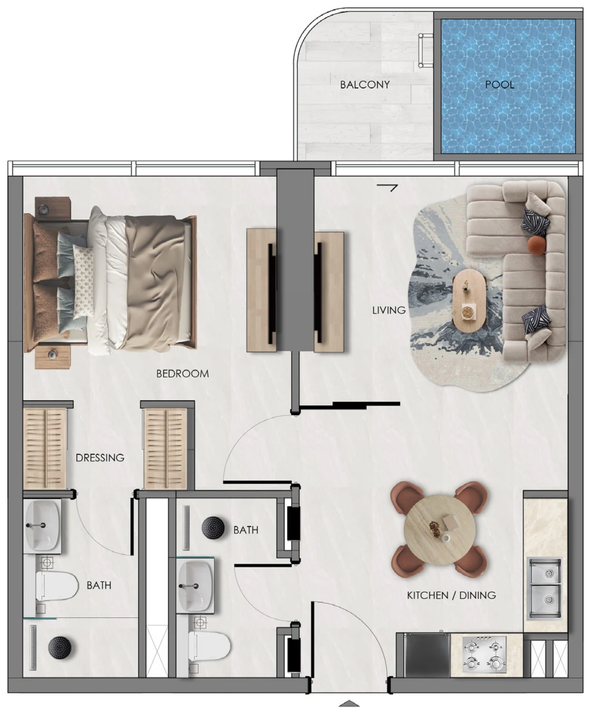Samana Portside 1 Bedroom plus Pool Type 1 floor plan with bedroom, dressing area, two bathrooms and balcony pool