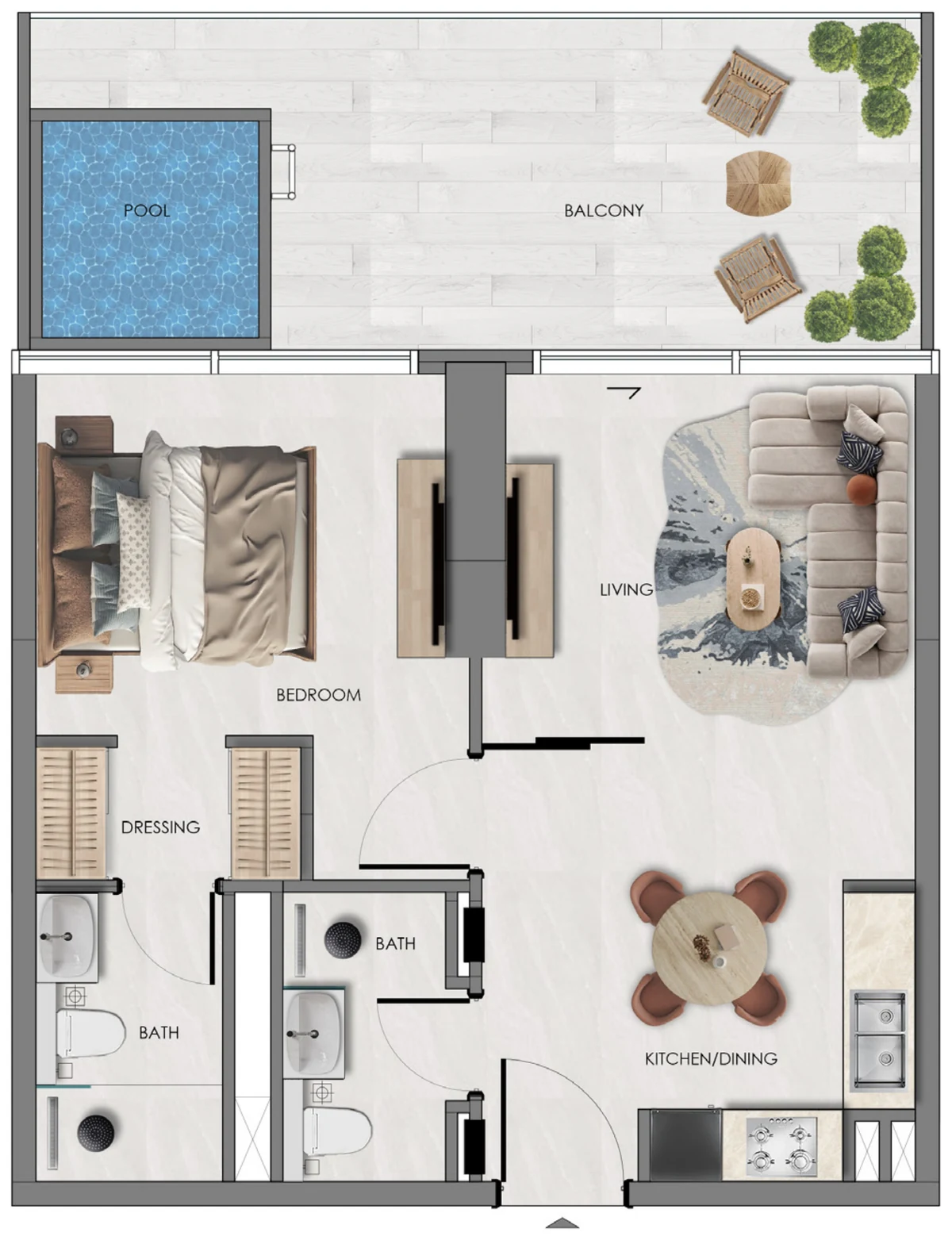 Samana Portside 1 Bedroom plus Pool Type 2 floor plan with an extended terrace and side set private pool