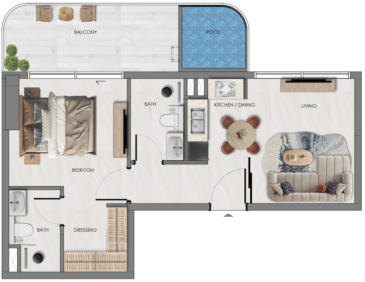 Samana Portside 1 Bedroom plus Pool Type 3 floor plan, the compact layout with dressing area and two bathrooms