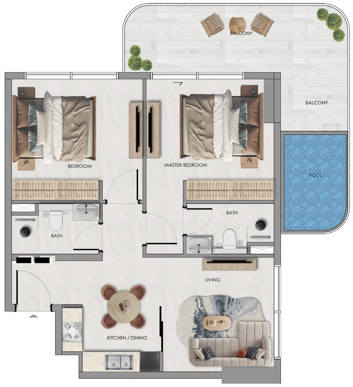 Samana Portside 2 Bedroom plus Pool Type 1 floor plan with master bedroom, second bedroom and corner pool