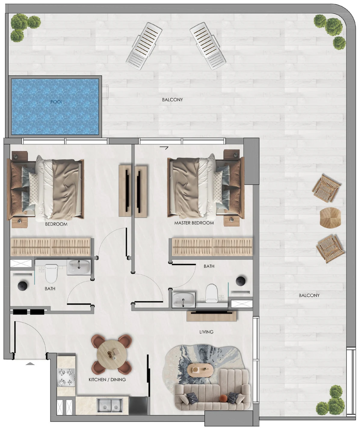 Samana Portside 2 Bedroom plus Pool Type 2 floor plan with the widest terrace and a full length balcony pool