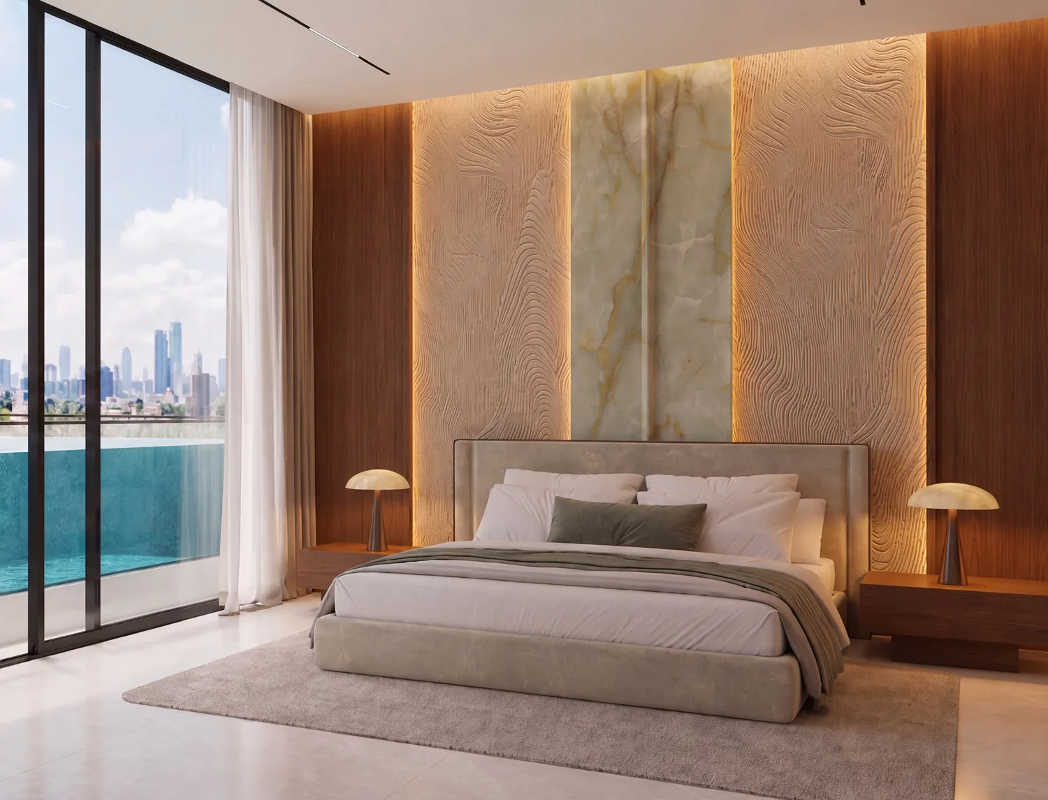 Bedroom at Samana Portside opening onto a private balcony pool with a Dubai skyline view
