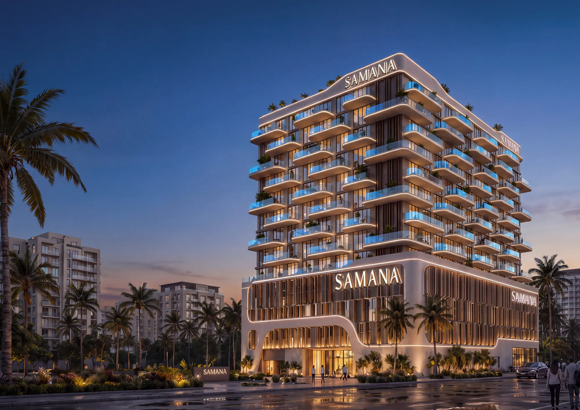 Samana Portside tower in Downtown Jebel Ali, Dubai, lit at dusk above its podium retail level