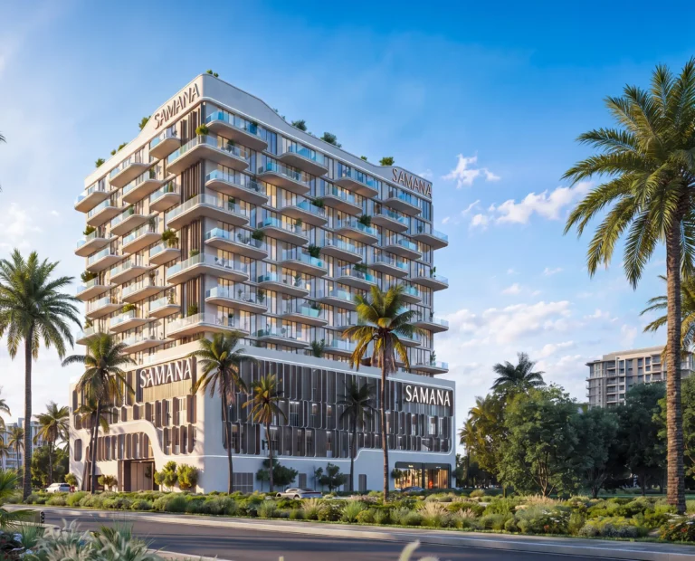 Daylight view of the Samana Portside facade and balconies in Downtown Jebel Ali, Dubai