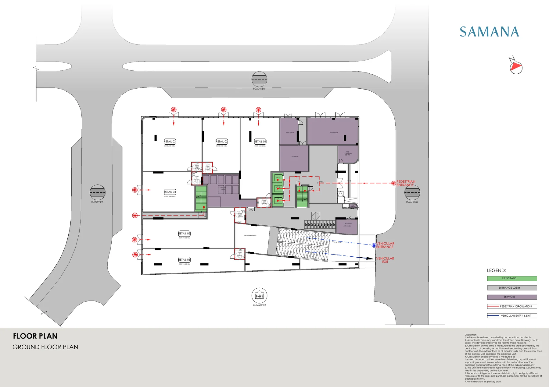Samana Portside ground floor plan showing six retail units, the main entrance and the lift core