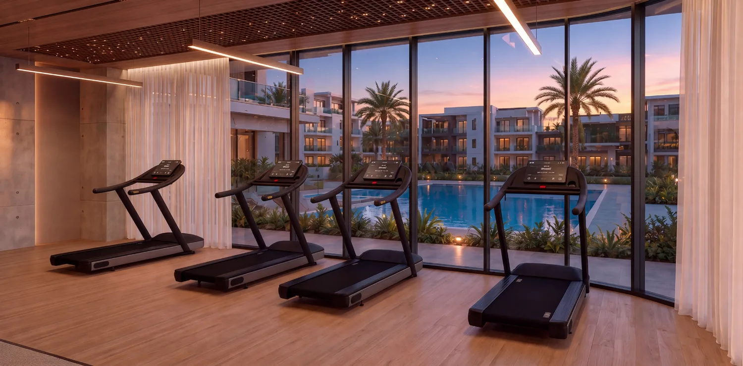 Indoor gym on the first floor at Samana Portside overlooking the pool deck at dusk