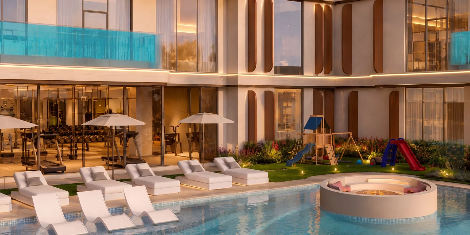 Kids pool and childrens play area on the Samana Portside amenity deck in the evening