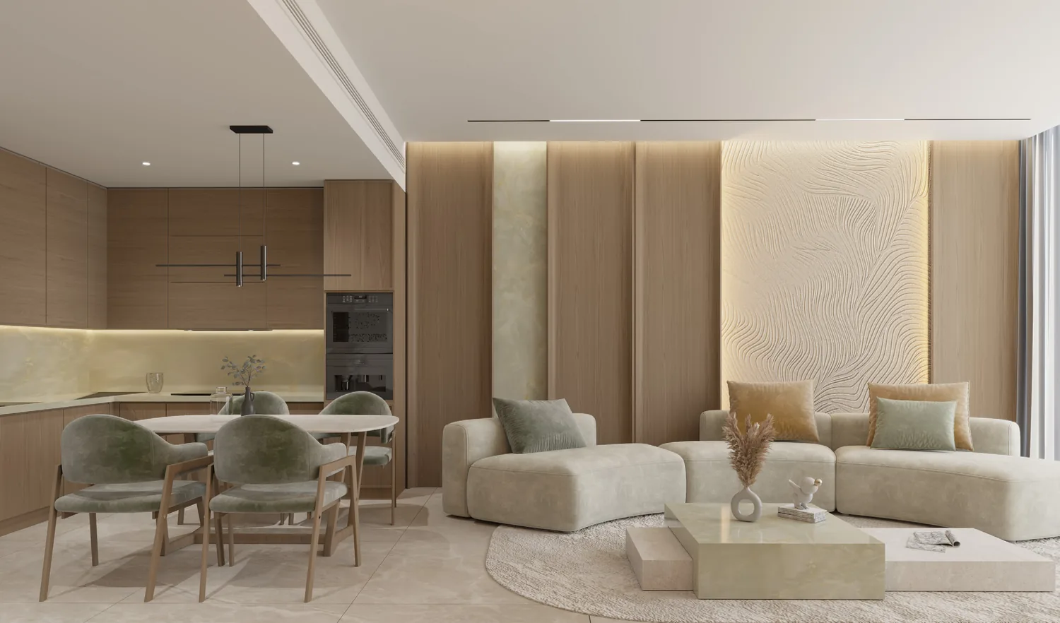 Open living and dining area in a convertible 1 bedroom apartment at Samana Portside