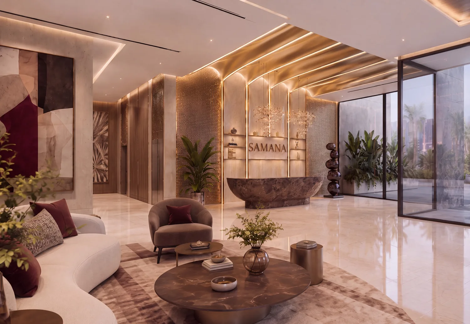 Arrival lobby at Samana Portside with stone finishes, warm lighting and lounge seating