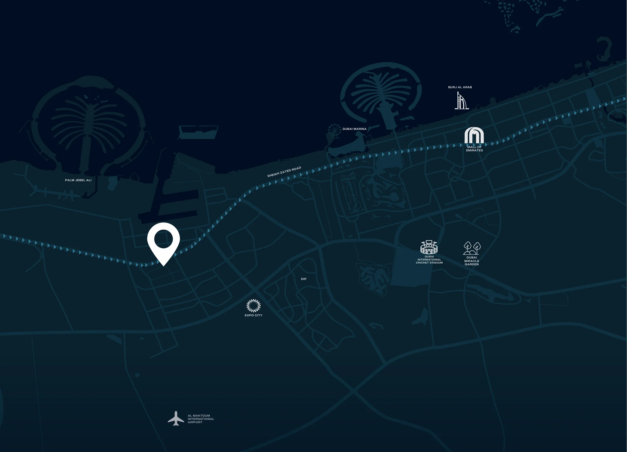 Map showing Samana Portside in Downtown Jebel Ali with Sheikh Zayed Road, Palm Jebel Ali, Expo City Dubai and Al Maktoum International Airport