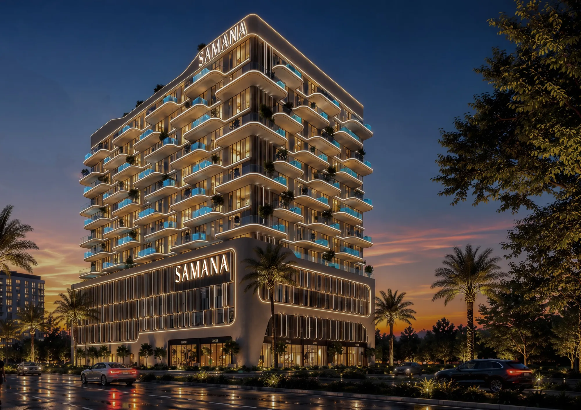 Samana Portside apartment building illuminated at night in Downtown Jebel Ali, Dubai