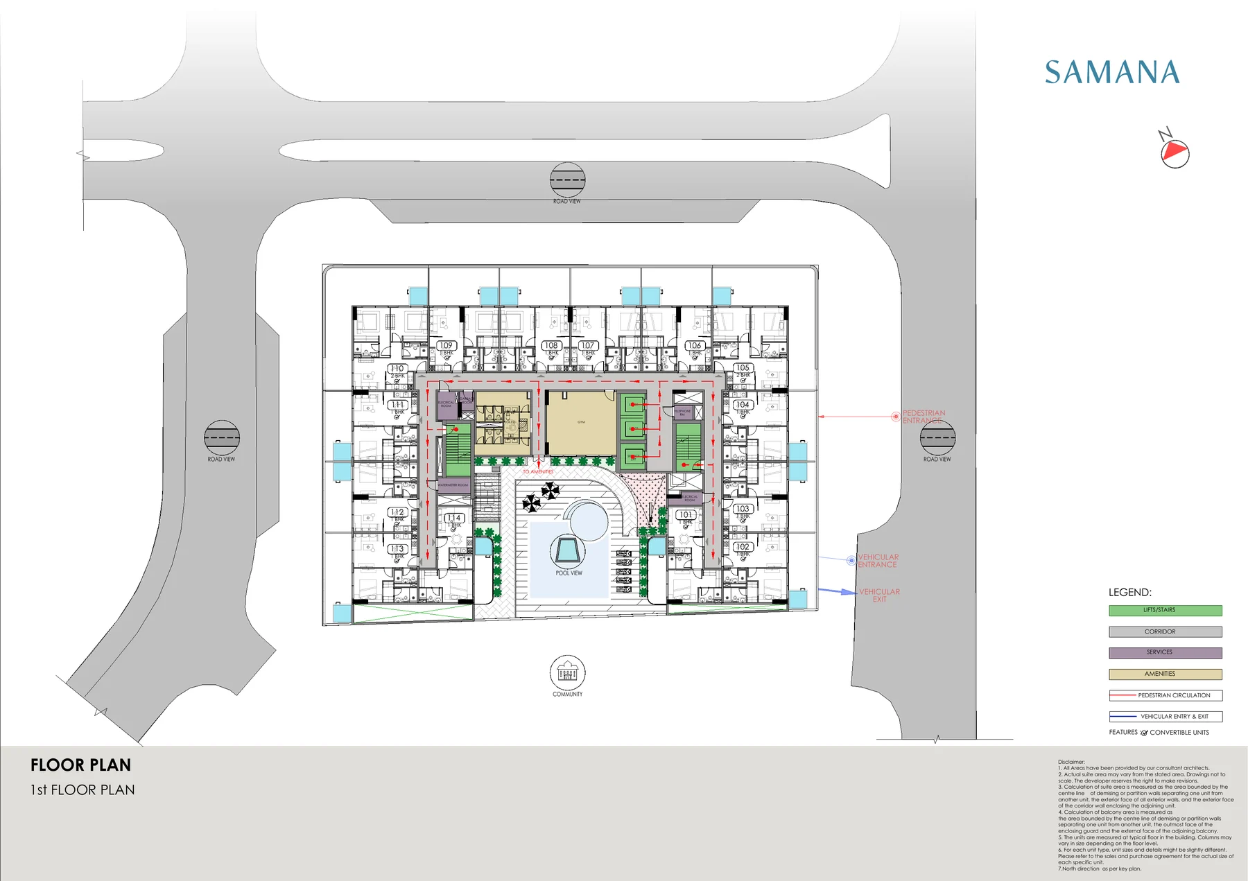 Samana Portside first floor plan showing the central amenity deck and surrounding apartments