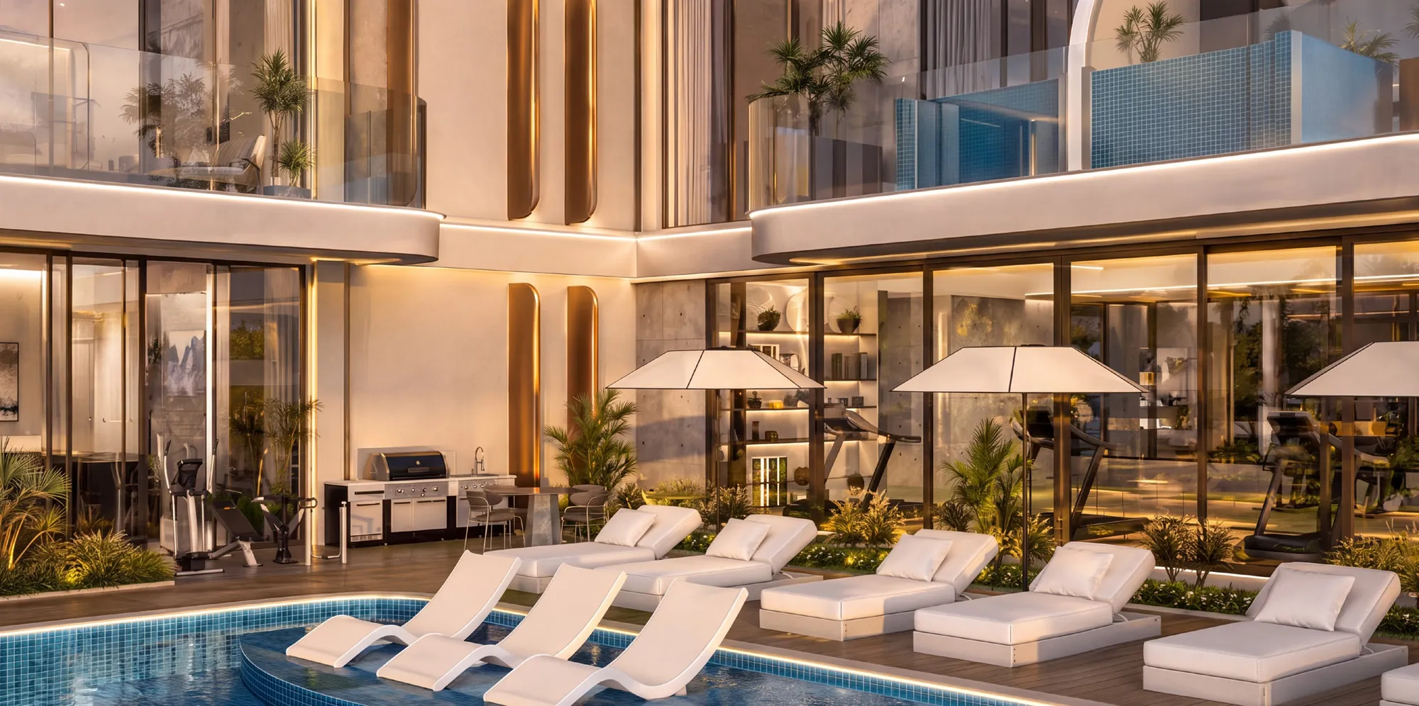 Adult pool, sun loungers and shaded terrace on the Samana Portside amenity deck