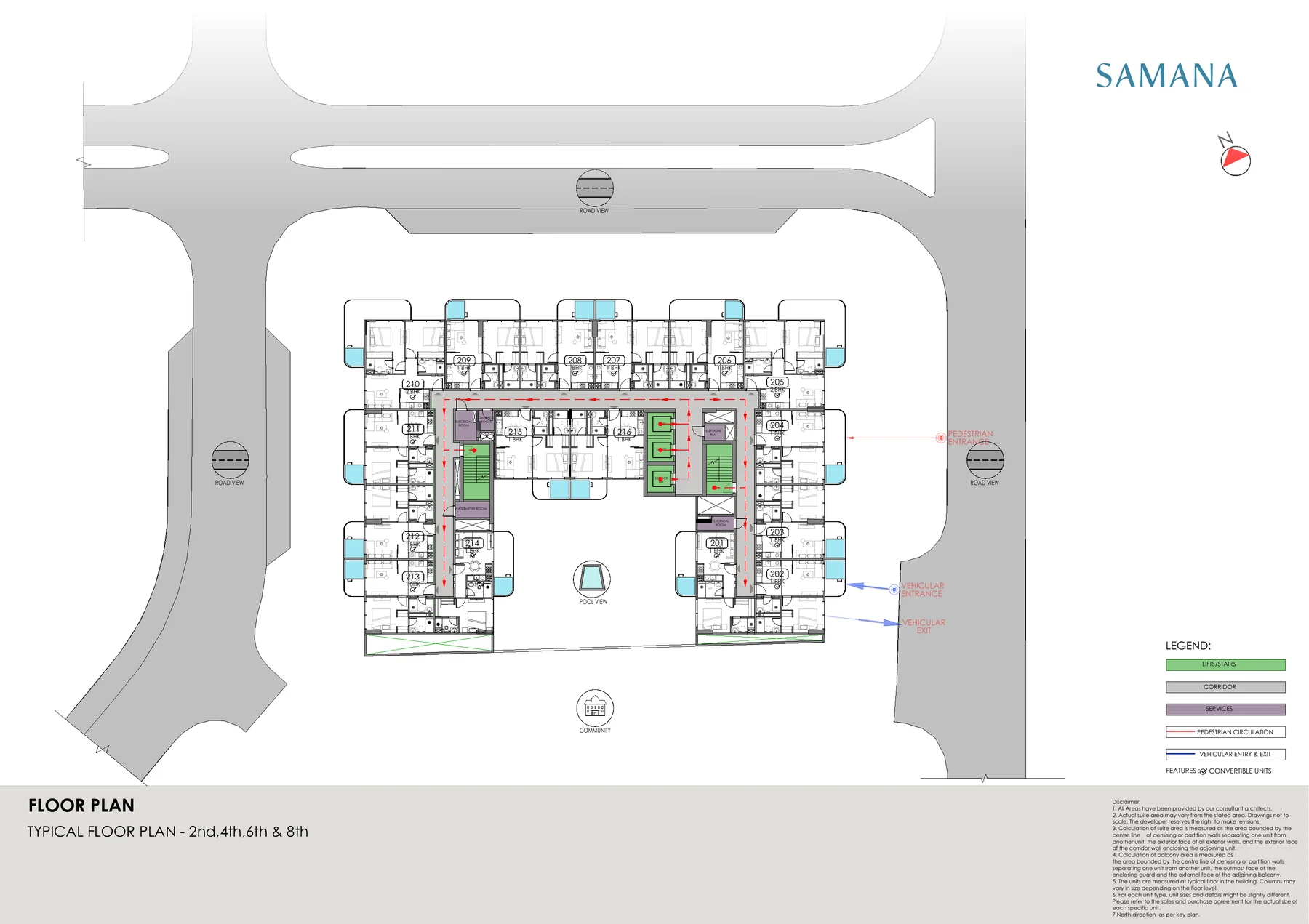 Samana Portside typical residential floor plan showing 1 and 2 bedroom apartment positions